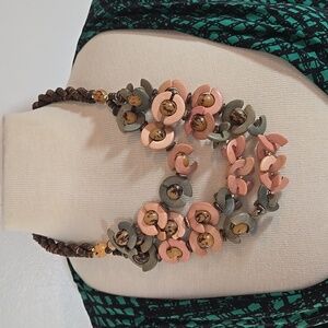 Vintage Chunky Wood Bead Brown,  Peach & Green Necklace
